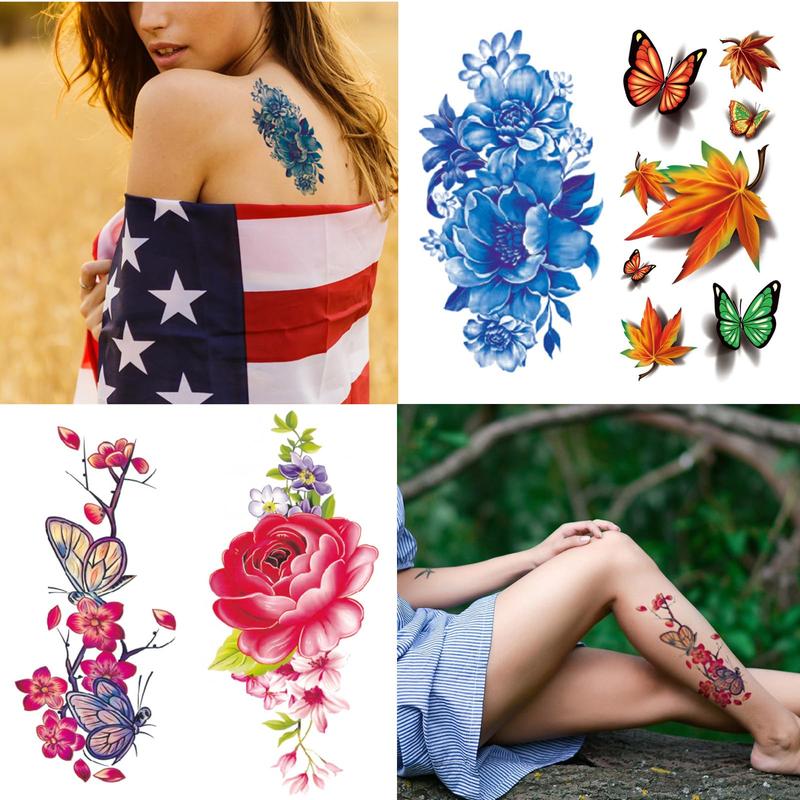 82 Sheets Flowers Temporary Tattoo Stickers, Roses, Butterflies and Multicolor Mixed Style Body Art Temporary Tattoos for Women