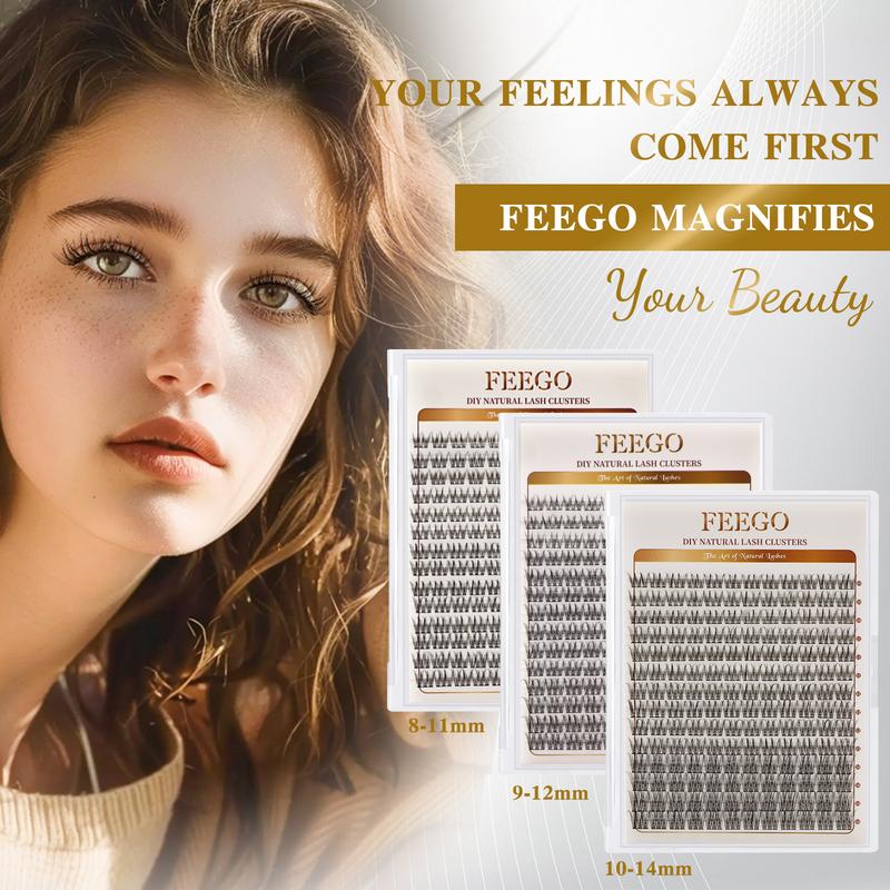 FEEGO Natural Lash Extensions Kit Lash Clusters Kit 9-12mm C Curl Individual Lashes Clusters Waterproof Wispy Eyelashes Extensions Kit Cosmetic Makeup