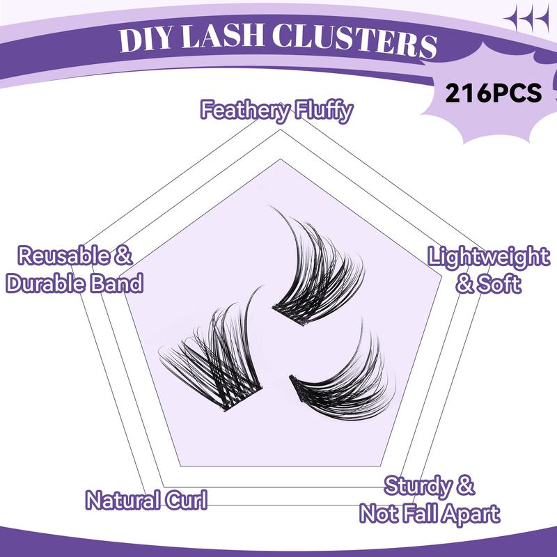 Mixed Length Individual False Eyelashes & Eyelash Glue & Tweezers & Eyelash Remover, 216pcs Natural Look Eyelashes, Eye Makeup Product for Women & Girls, Christmas Gift