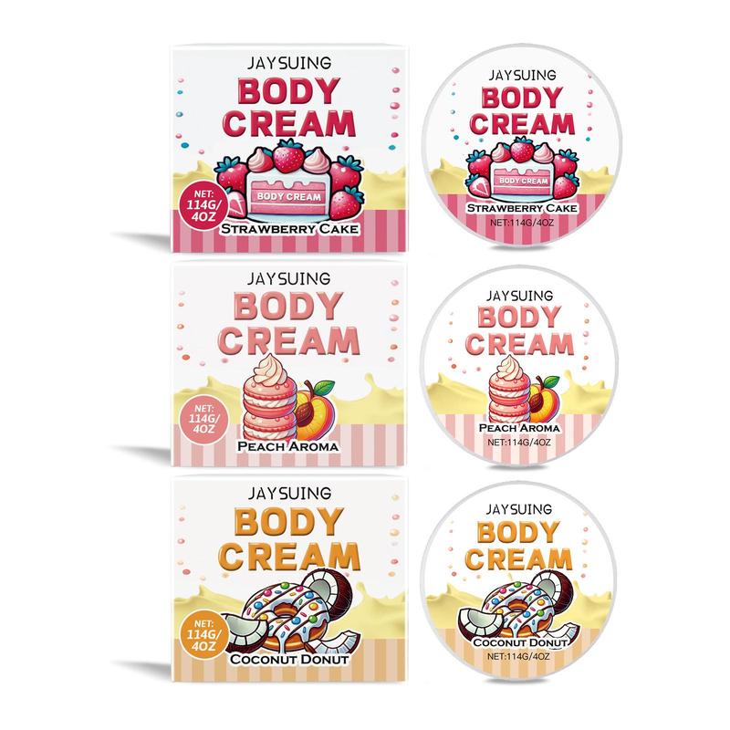 Strawberry Cake & Peach & Coconut Donut Body Cream, 1 3 Boxes Moisturizing Body Cream, Hydrating Body Lotion for Women, Body Care Product for Daily Use