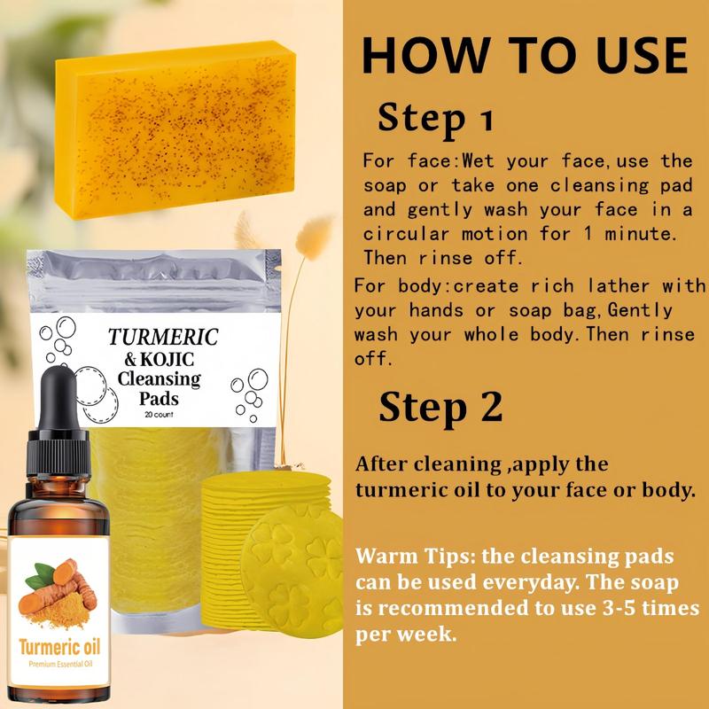 Turmeric Comfort Cleansing Set, Turmeric Soap Bar & Turmeric Oil & Turmeric Kojic Cleansing Pads, Daily Skincare Set for Face & Body, Gender Neutral Hygiene Products, Christmas, Christmas Gift