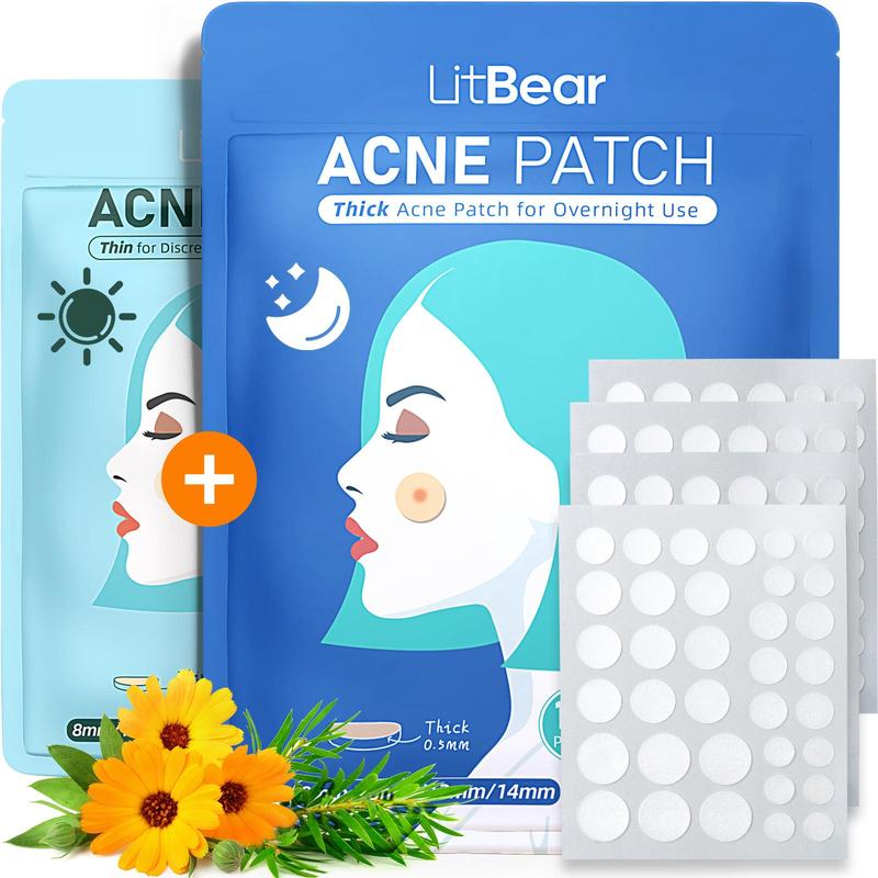 LitBear Skincare Acne Pimple Patches- Day and Night 4 Sizes 180 Dots Thin & Thick Hydrocolloid Patches with Witch Hazel, Tea Tree & Calendula Oil, Extra Adhesion for Skin Repair