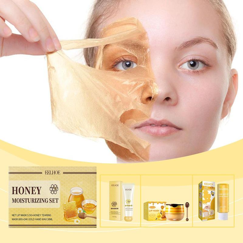 Honey Moisturizing Set, 1 Set Honey Moisturizing Body Care Set, Including Honey Moisturizing Tearing Mask & Hand Mask & Lip Mask & Lip Brush Stick