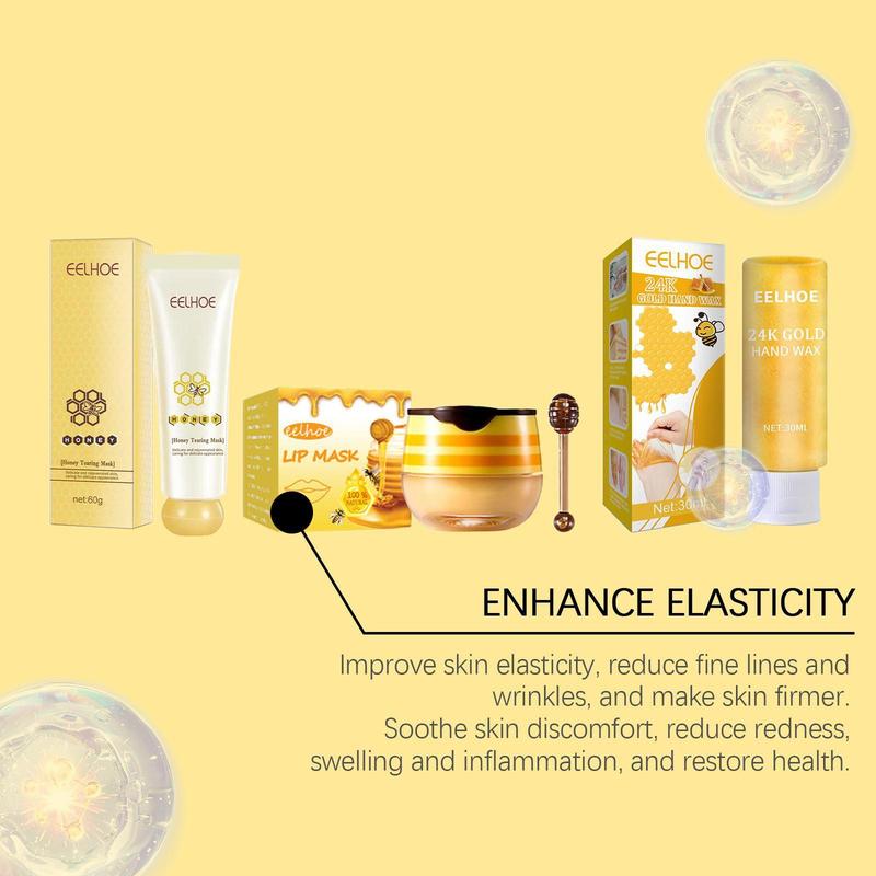 Honey Moisturizing Set, 1 Set Honey Moisturizing Body Care Set, Including Honey Moisturizing Tearing Mask & Hand Mask & Lip Mask & Lip Brush Stick