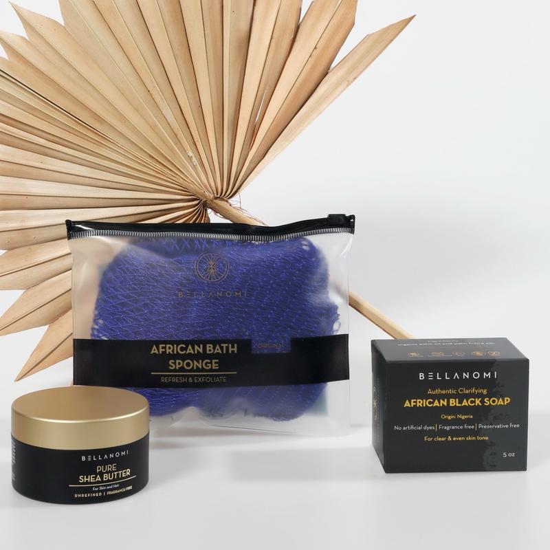 The Heritage Ritual Set with African Net sponge, Black Soap, Shea butter for Nourished Skin Gift Set