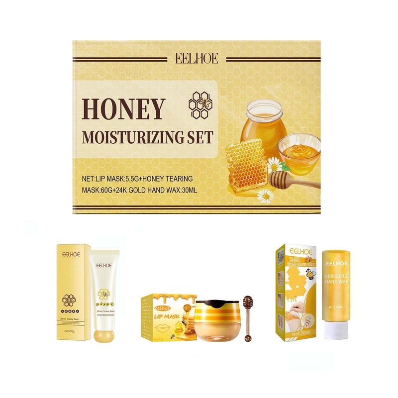 Honey Moisturizing Set, 1 Set Honey Moisturizing Body Care Set, Including Honey Moisturizing Tearing Mask & Hand Mask & Lip Mask & Lip Brush Stick