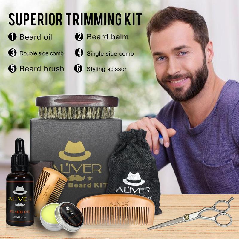 Men's Beard Care Set, 7 Counts set Beard Oil & Beard Cream & Comb & Brush & Scissors & Double Comb & Drawstring Cloth Bag, Gift for Boyfriend, Father