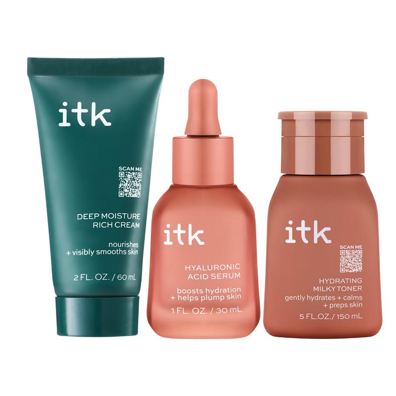 ITK Skincare Hydration Heroes Set, includes Hyaluronic Acid Serum, Hydrating Toner, and Rich Day-Night Cream