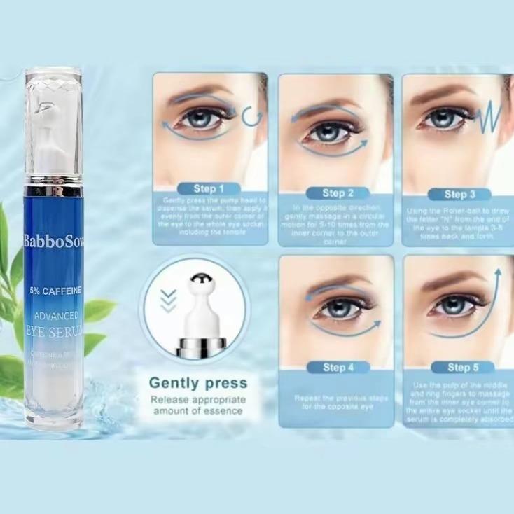 Babbosow 5% CaffeineEyeSerum and Eye Cream eliminatesdarkcircles and puffiness,360°MassageBall helps absorption, reduceswrinklesand fine lines, eliminatespuffiness