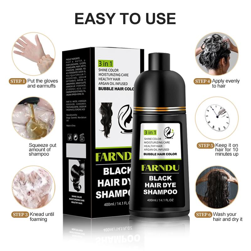 FARNDU-Hair Color Shampoo, Hair dye, Various Colors Available, 10 Mins Hair Color, Fruity aroma, 3-In-1 Gray Hair Coverage–Plant extracts-Long Lasting–Ammonia-Free Haircare Oil ,Argan Oil Scent Bowl (400 mL)