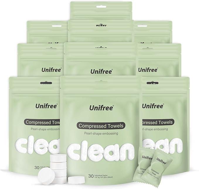 Unifree Compressed Towels I Towelettes  I Facial Tissue I 30 Individual Packs Per Bag, 10-bags Value Pack, Total 300 Count