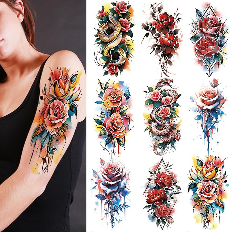 9 Sheets Flowers Temporary Tattoos, Watercolour Roses Snake Tattoos Stickers, Long Lasting Floral Tattoos, Makeup Body Art Waterproof  Tattoos for Women Men Girls Half Arm Tattoos (Flowers) Durable