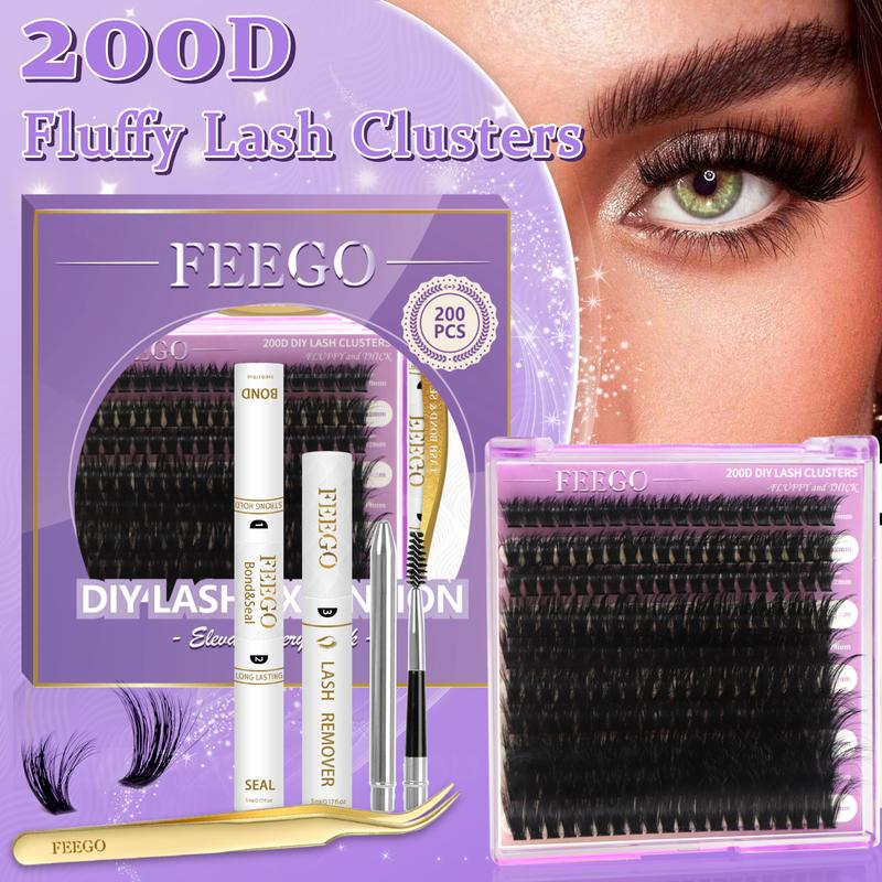 FEEGO 200D Lashes Extension Kit Thick Eyelash Extension Kit 10-20mm Fluffy Lash Clusters Individual Eyelashes Kit with Lash Bond and Seal