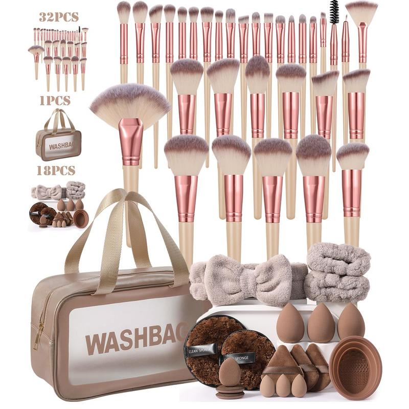 Makeup Tool Set, 51pcs set Makeup Brush & Sponge & Puff & Brush Cleaning Bowl & Headband & Wristband & Storage Bag, Professional Makeup Tools for Women