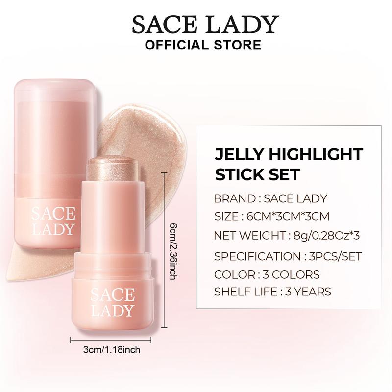 SACE LADY Jelly Highlighter Stick,3 Colors,Long Lasting Shimmering Highlighter,Face Makeup Stick for All Skin Types