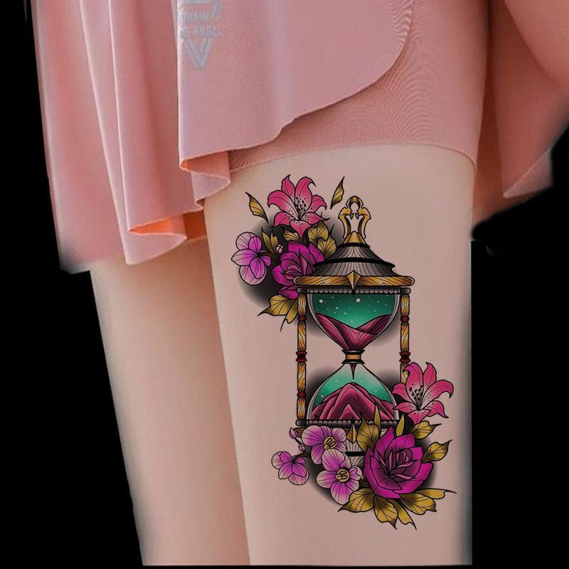 Hourglass & Flowers Pattern Temporary Tattoos, 1 Count Body Art Decoration Sticker For Women And Girls