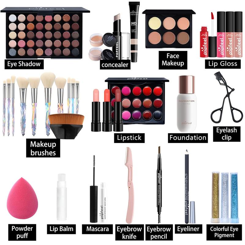 All-in-One Holiday Gift Surprise Makeup Set Essential Starter Bundle Include Eyeshadow Palette Lipstick Concealer Blush Mascara Eyeliner  Powder Lipgloss Brush - Full Makeup Kit for Women