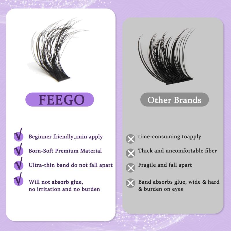 FEEGO 200D Lashes Extension Kit Thick Eyelash Extension Kit 10-20mm Fluffy Lash Clusters Individual Eyelashes Kit with Lash Bond and Seal