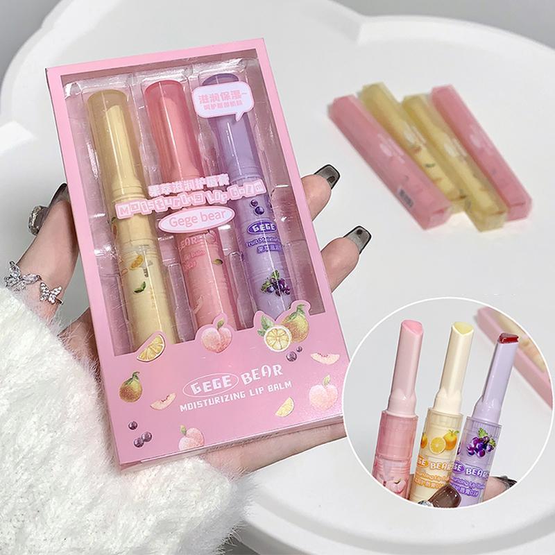 Fruit Pattern Moisturizing Tinted Lip Balm with Box, 3 Counts set Long Lasting Glossy Mirror Press on Lipstick Kits for Girls & Women