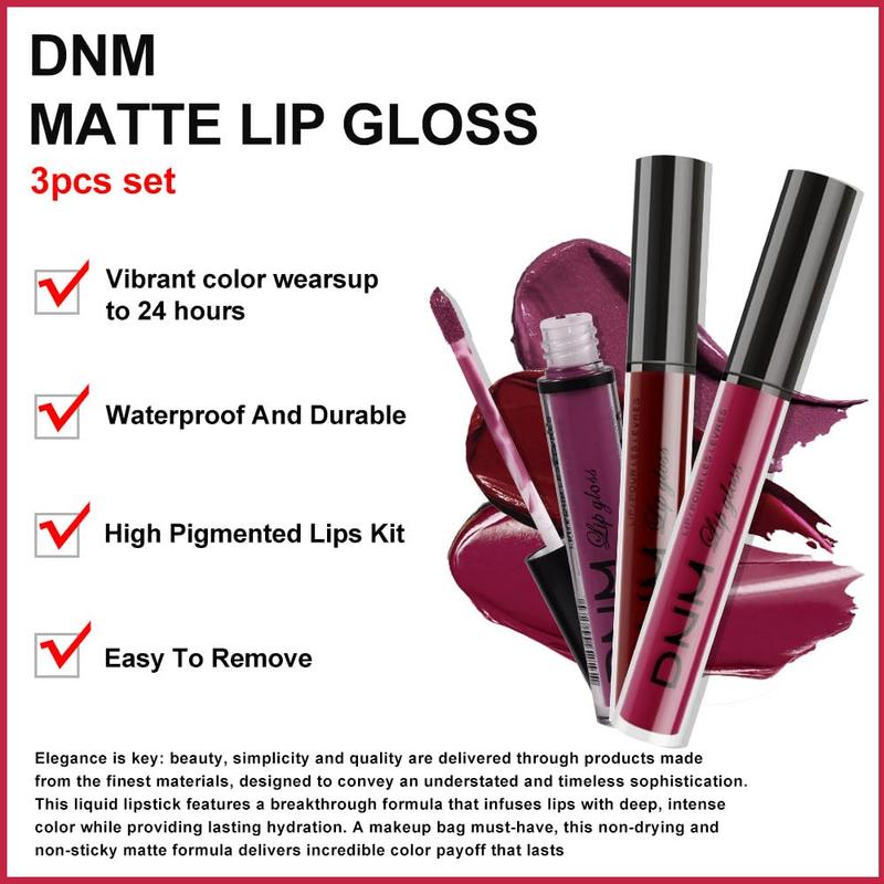 evpct DNM 3Pcs Dark Red Purple Plum Matte Liquid Lipstick Lip Stain Sets for Women Matte+Lipstick Dark Maroon Long Lasting Permanent Lipstick 24 hr Hours Magic Lipstick 24 Hours original Waterproof Gloss Lipgloss Makeup Gentle Luxury Cosmetic Lip Care