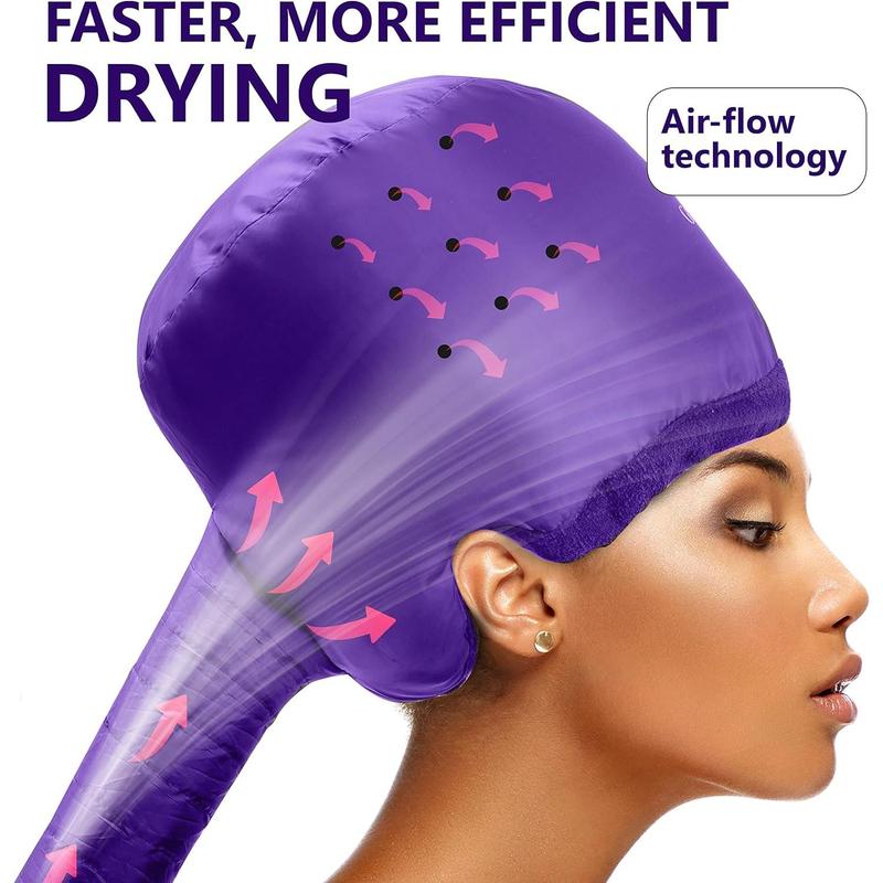 Bonnet Hair Dryer w A Headband Integrated That Reduces Heat Around Ears & Neck - Hair Dryer Diffuser Cap for Hair Dryer Curly Hair, Speeds Up Drying Time, Deep Conditioning at Home - Large (Purple)