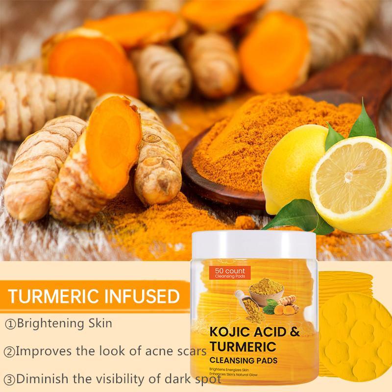 Turmeric & Kojic Acid Face Cleansing Pads, 50pcs box Brightening Exfoliating Cleanser for Acne-prone Skin & Makeup Removal for Face & Body Women & Men