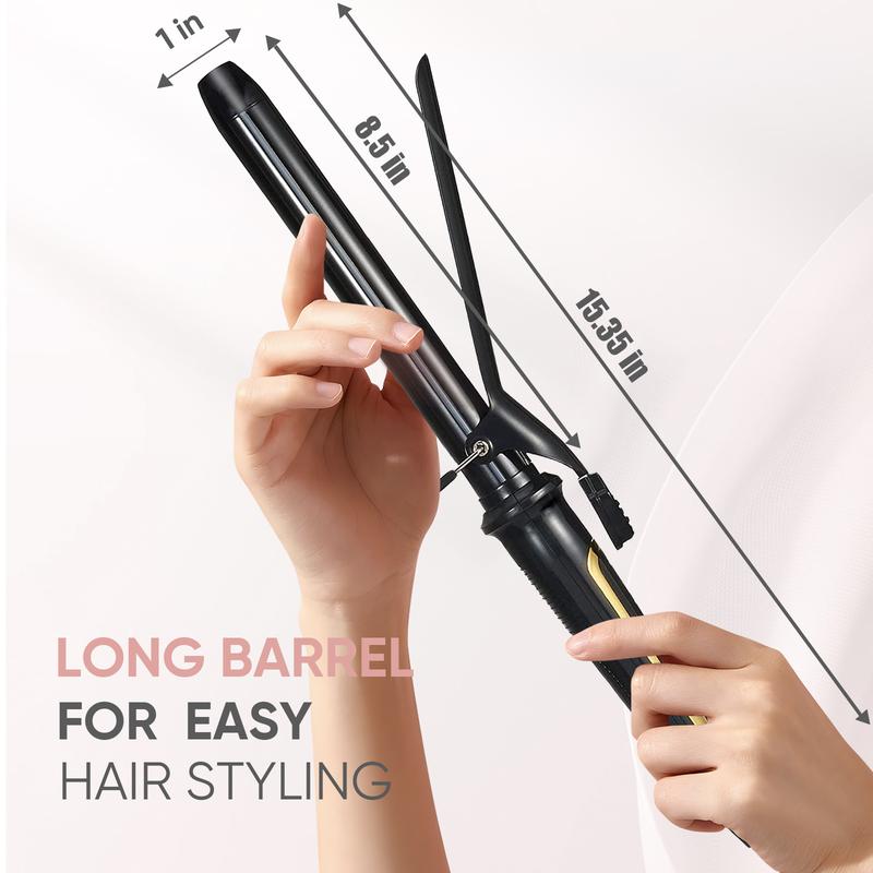 Lanvier 1 Inch Extra Long Hair Curling Iron with Ceramic Tourmaline Barrel, Professional Hair Curler up to 450°F with Dual Voltage for Worldwild Use, Hair Waving Style Tool for Girls&Women–Black Comfort