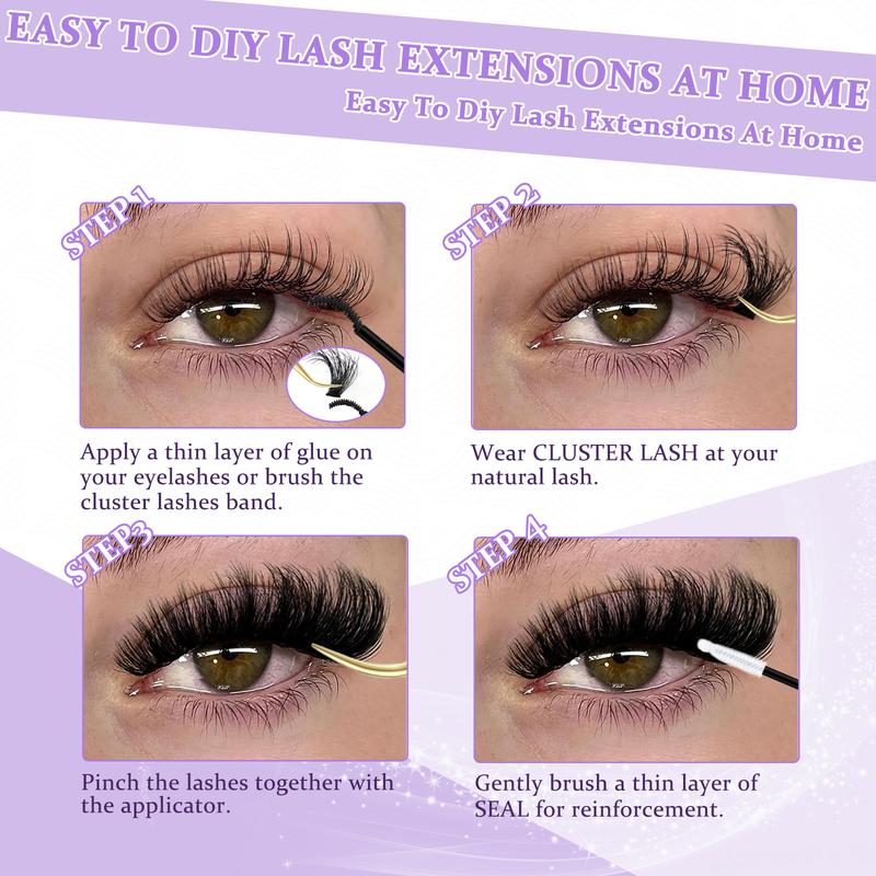 FEEGO 200D Lashes Extension Kit Thick Eyelash Extension Kit 10-20mm Fluffy Lash Clusters Individual Eyelashes Kit with Lash Bond and Seal