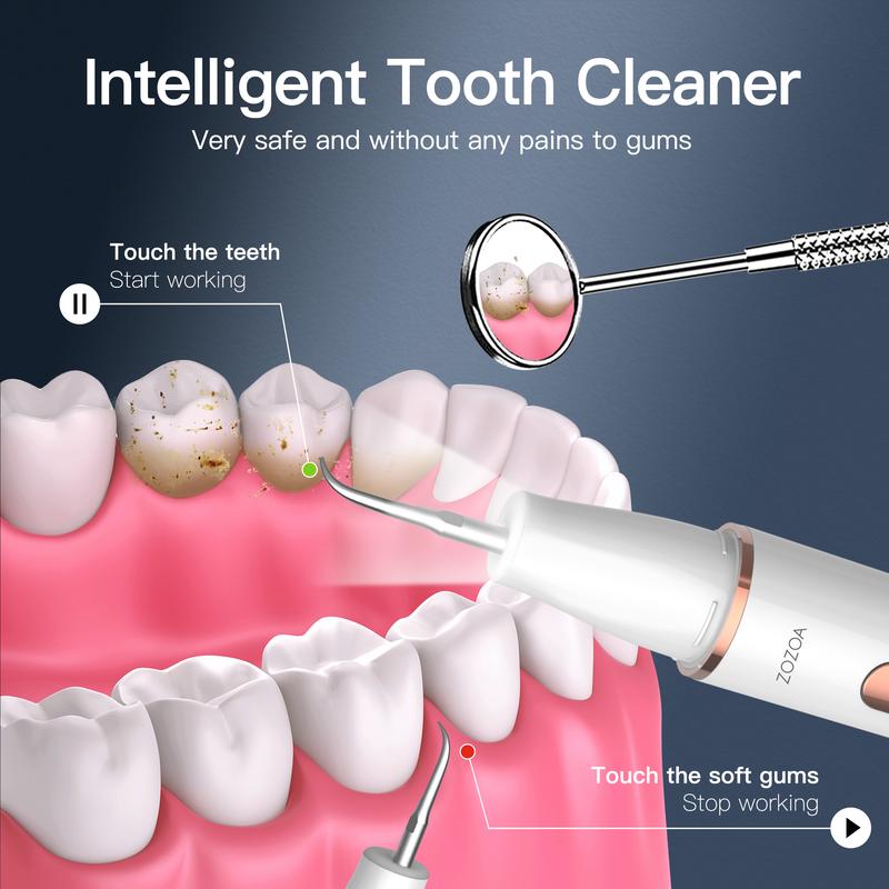 Plaque remover, tooth cleaning set (includes ultrasonic tooth cleaner and dental tools), 4 heads (2 pointed cleaning heads 2 flat cleaning heads) and rechargeable plaque remover