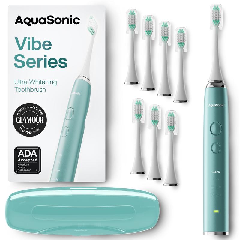 AquaSonic Vibe Series Sonic Whitening Toothbrush - 40,000 VPM, 8 Brush Heads, Wireless Charging & Travel Case - Lightweight, Waterproof toothbrush Rechargeable Electric