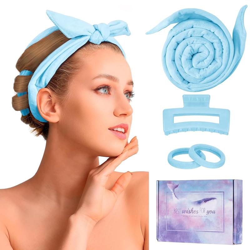 Heatless Curling Rod Headband, Soft Hair Curlers to Sleep In, No Heat Curls, Overnight Hair Wrap Curls Styling Kit for  with Long Hair Medium Hair, Blue