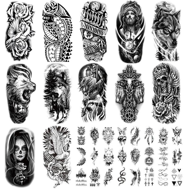 76 Sheets Large-Size Black TemporaryTattoos Stickers,Forearm DesignsFeaturing Tribal Wolf, Tiger, Lion, Owl,Skeleton Skull, Temp Halloween FakeTattoo Stickers, Rose, and Animals Sensitive