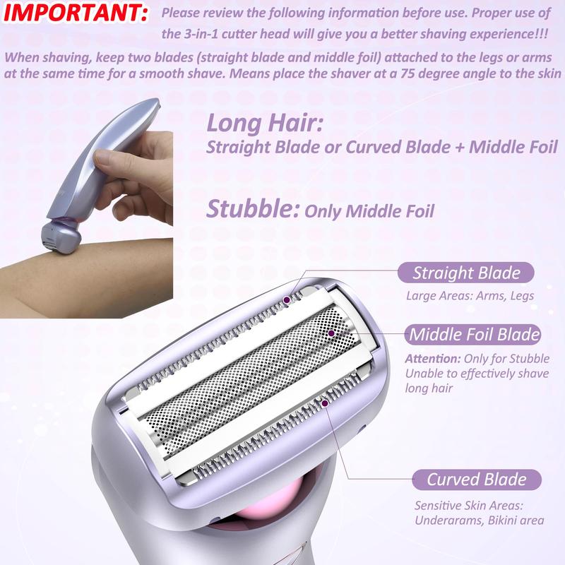 Electric Shaver for Women, Rechargeable Waterproof Wet & Dry Use Electric Razor with LED Power Display, Portable Painless Ladies Body Hair Trimmer, Christmas Gift