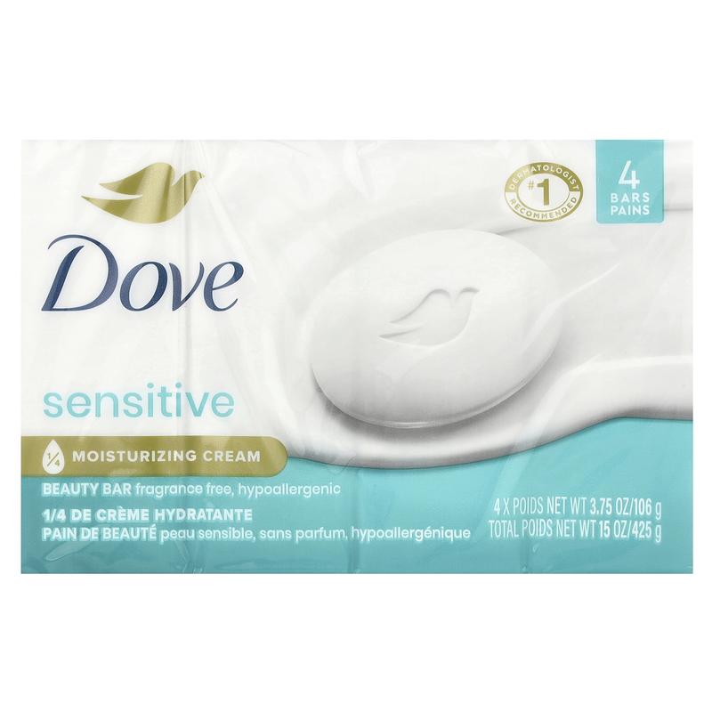 Dove Beauty Bar Soap, Sensitive Skin, Fragrance Free, 4 Bars, 3.75 oz (106 g) Each