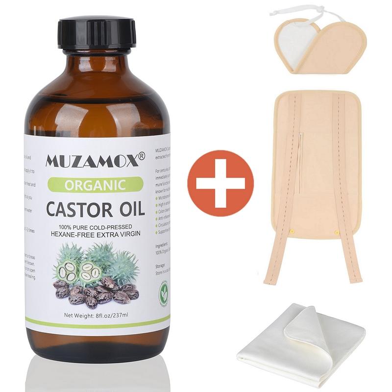 4 in 1 Castor Oil Pack Kit, Castor Oil Organic Cold Pressed Unrefined Glass Bottle (8fl.oz 237ml), Castor Oil Pack Wrap and Castor Oil Packs for Overall Wellness