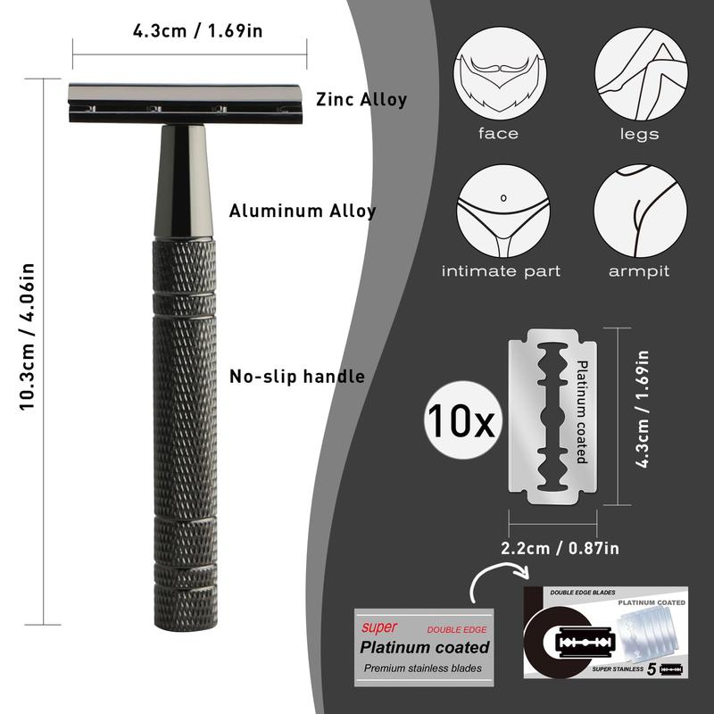 Gun Black Double Edge Safety Razor with 10 Platinum Coated Blades for Men Shaving - Comfort