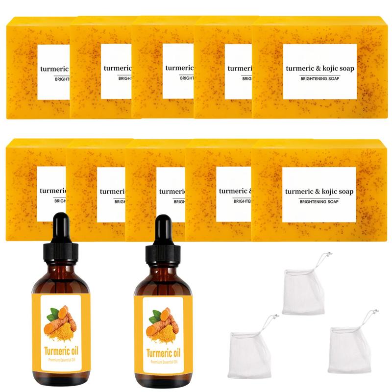 Turmeric & Lemon Soap & Essential Oil Set, 15pcs set Brightening Soap & Essential Oil & Foam Net Set, Skin Care Kit for Face & Body, Daily Skin Care Sets