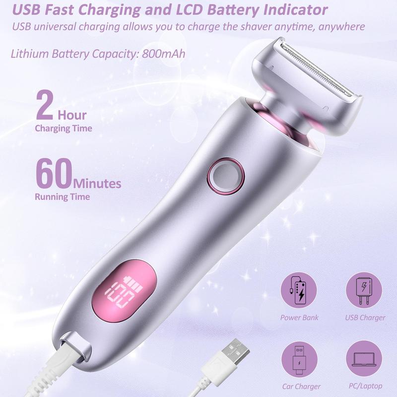 Electric Shaver for Women, Rechargeable Waterproof Wet & Dry Use Electric Razor with LED Power Display, Portable Painless Ladies Body Hair Trimmer, Christmas Gift