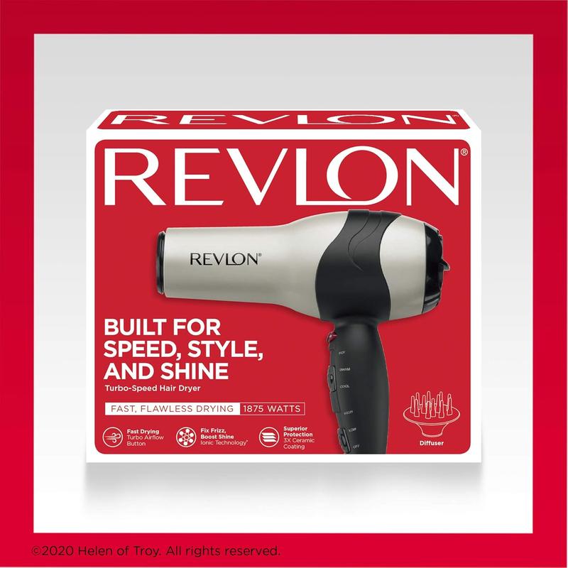 REVLON Turbo Hair Dryer with Advanced Ionic Technology, Ceramic Coating | Turbo Heat and Cold Shot Features, 1875 Watts for Fast Drying and Shine ()