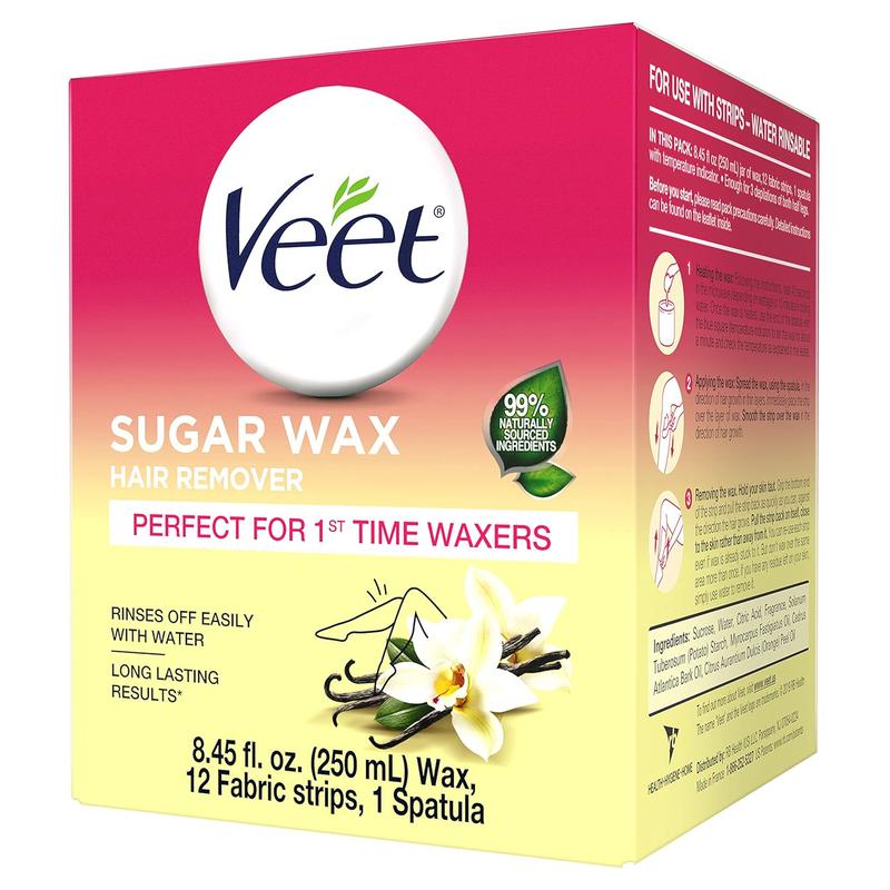 VEET Sugar Wax Hair Remover 8.45 ounce - Perfect for First Time Waxers - Hair Remover Waxing Kit with Essential Oils and Floral Vanilla Fragrance, contains 12 Fabric Strips with 1 Spatula with a Temperature Indicator. Body Care Hair Removal Sensitive