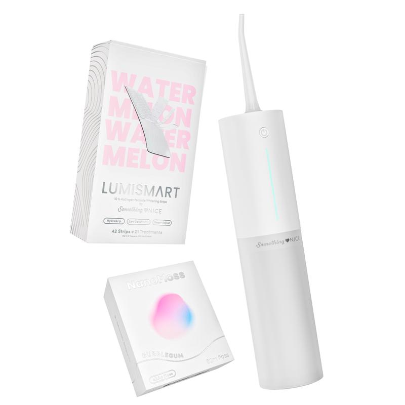 Something Nice Water Flosser Teeth Whitening Bundle with AquaClean Duo, Lumismart 10% Hydrogen Peroxide Whitening Strips, and NanoFloss