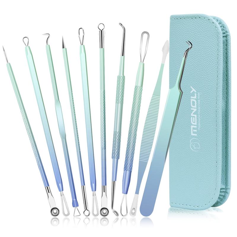 Pimple Extractor Pimple Popper Tool Kit, MENOLY 10count Blackhead Remover Tools, Acne Tools, Acne Kit for Blackhead,Blemish,Zit Removing, Whitehead Popping and Comedone Extractor Tool with Leather Bag