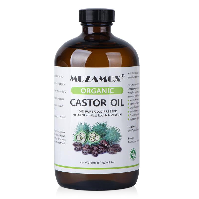 MUZAMOX （16 Fl Oz）Organic Castor Oil Cold Pressed Glass Bottle, Pure, Cold Pressed & Hexane Free, Castor Oil  , Thicker Eyelashes & Eyebrows and Castor Oil Pack, 16 Fl Oz Comfort moisturized skin