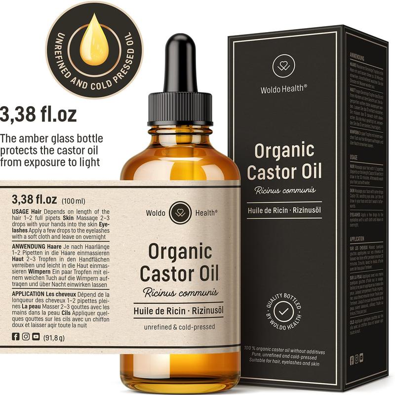 Organic Castor Oil for Hair Growth, Eyelashes & Eyebrows - 3.38Oz Cold-Pressed, Pure and Uv-Protected Glass WoldoHealth