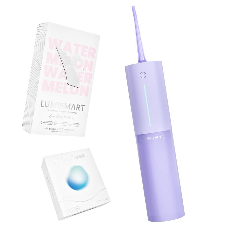 Something Nice Water Flosser Teeth Whitening Bundle with AquaClean Duo, Lumismart 10% Hydrogen Peroxide Whitening Strips, and NanoFloss