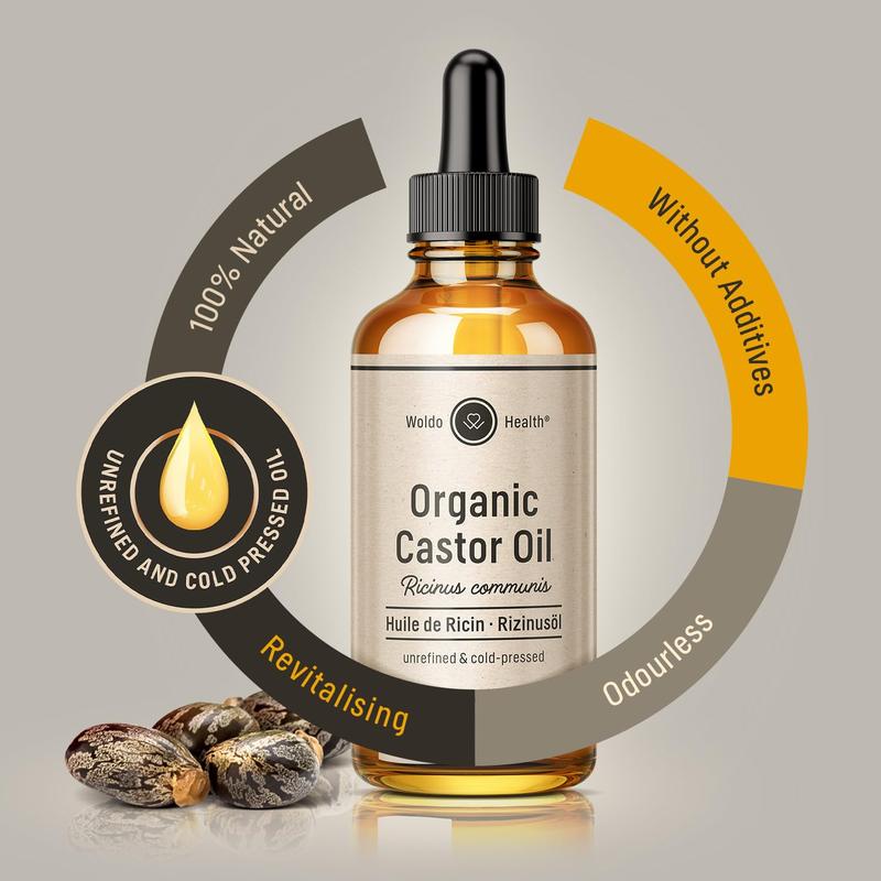 Organic Castor Oil for Hair Growth, Eyelashes & Eyebrows - 3.38Oz Cold-Pressed, Pure and Uv-Protected Glass WoldoHealth