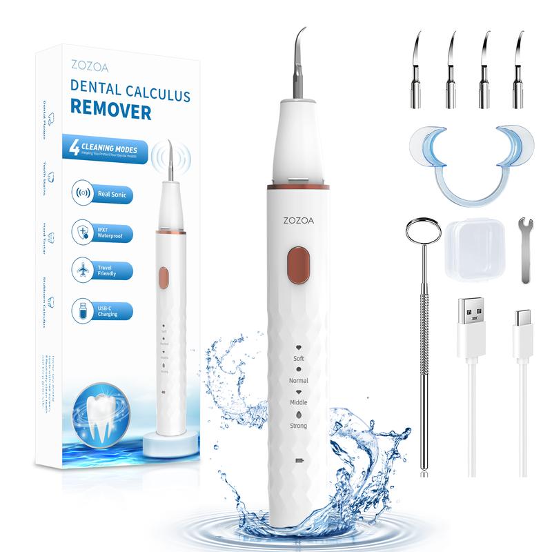 Plaque remover, tooth cleaning set (includes ultrasonic tooth cleaner and dental tools), 4 heads (2 pointed cleaning heads 2 flat cleaning heads) and rechargeable plaque remover