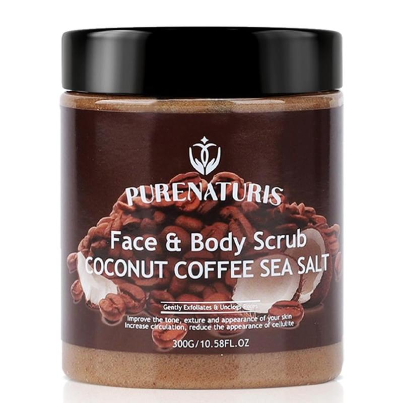 Coconut Coffee Sea Salt Scrub - Exfoliating & Moisturizing Face and Body Scrub with Natural Ingredients, Energizing and Hydrating, 10.58 Ounce