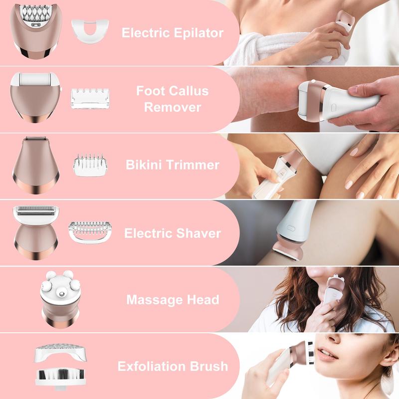 6 in 1 Electric Shaver, USB Rechargeable Hair Removal Machine, Bikini Trimmer Body Shaver Kit for Women, Body Hair Trimmer Facial Hair Removal Shaver, Multifunctional Beauty Kit, Washable Facial Cleaning Instrument for Women