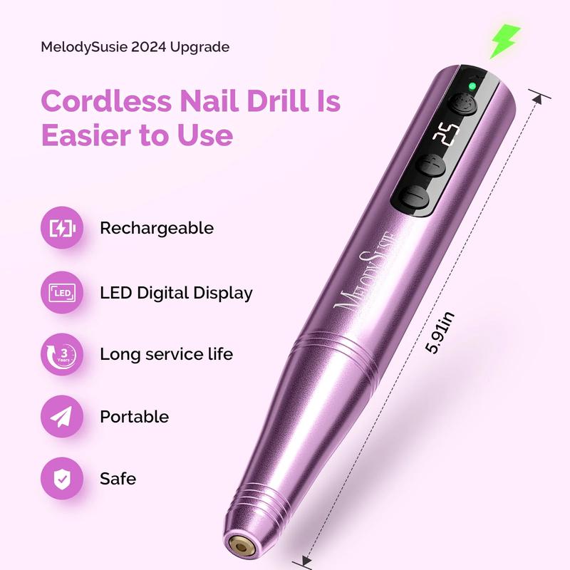 MelodySusie PC180F Cordless Electric Nail Drill Machine 11 in 1 Kit, 25000RPM Portable Rechargeable Nail Efile Set for Acrylic Gel Dip Powder